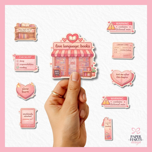 Valentine Bookish Sticker Pack | 9 Waterproof Vinyl Stickers | Romance Reader, Slow Burn, Book Lover Gifts