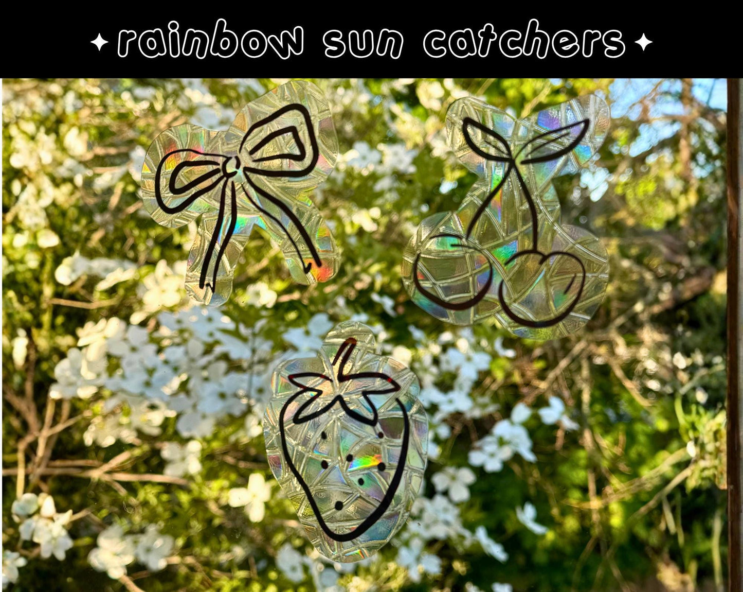 Set of 3 Rainbow Sun Catcher Window Clings | Coquette Bow, Cherry & Strawberry