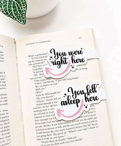 Set of Two Magnetic Bookmarks | Arrow → "You Were Right Here" & "Fell Asleep Here" Designs