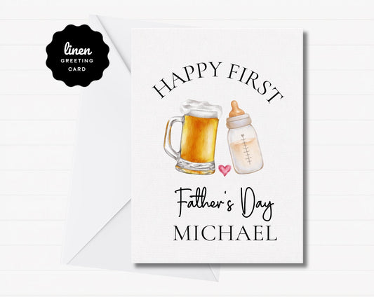 First Father's Day Card Personalized | Happy First Father's Day | New Dad Card | Beer and Baby Bottle | Linen Greeting Card